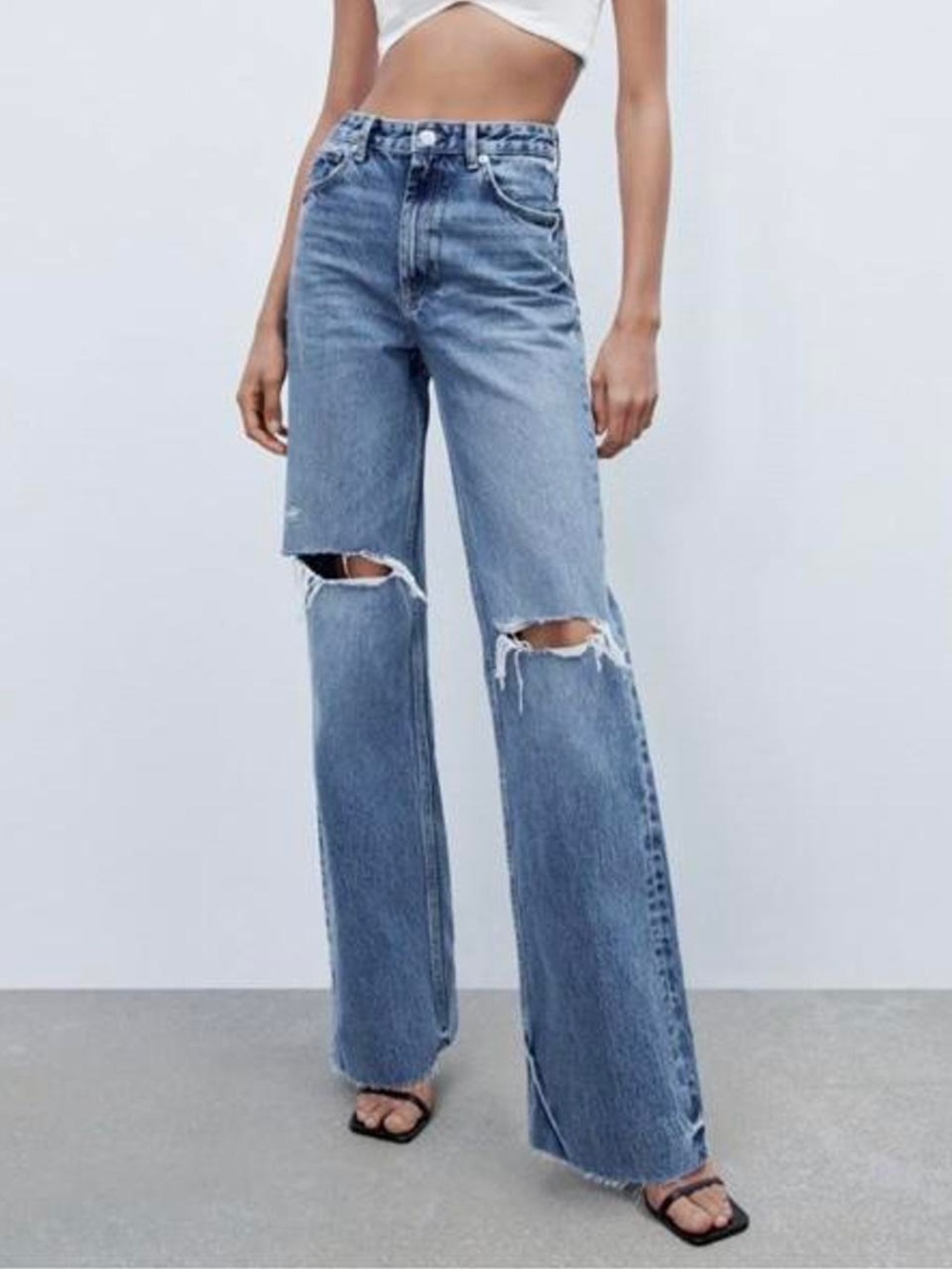 zara distressed ripped high rise wide leg jeans pants denim baggy blue